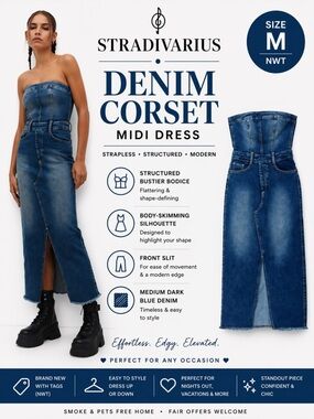 Stradivarius Denim Corset Midi Dress NWT Size M Strapless Slit